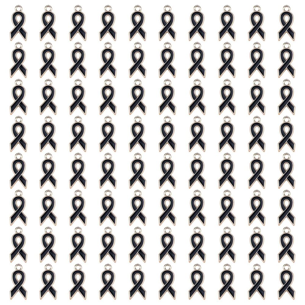 7105 80Pcs Black Colors Ribbon Pendants, Enamel Awareness Ribbon Charm
